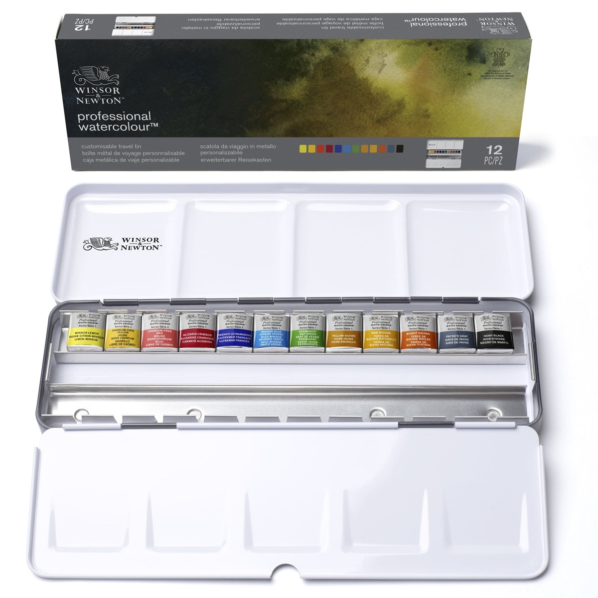 Imagen 0 de Caja Metálica Esmaltada Resistente de 12 Medio Godets de Acuarela Extra Fina Black Box Winsor & Newton  Multicolor