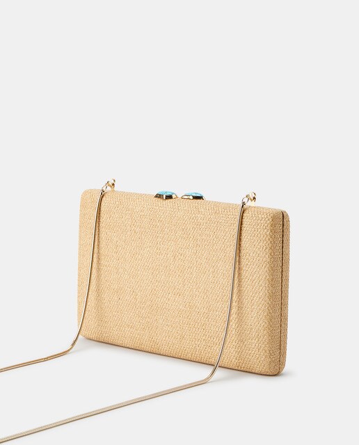 Clutch de fiesta de rafia de papel en natural con boquilla de pedrería azul  · LT · El Corte Inglés