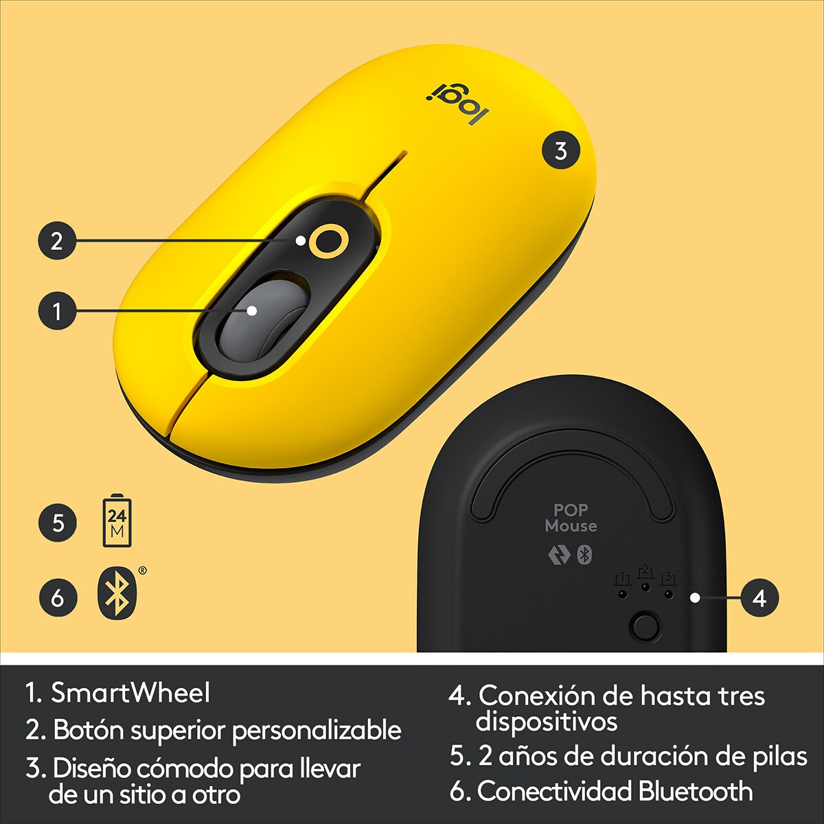 Rato Ótico sem Fios Logitech Pop Mouse Blast - Amarelo Amarelo-6