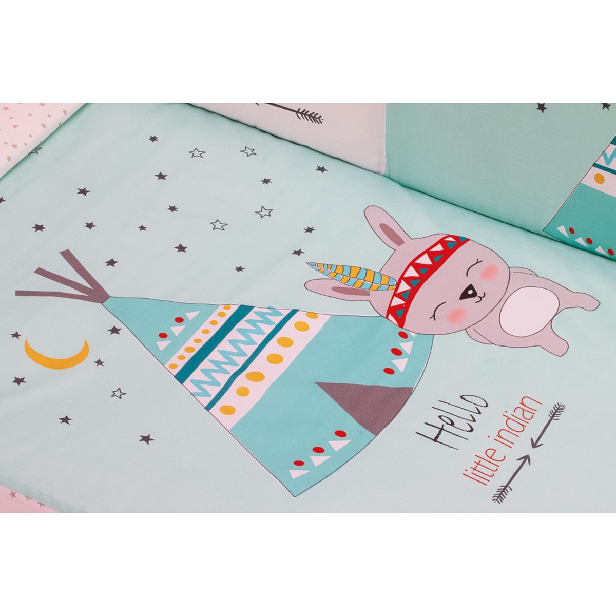 Cuna Interbaby Star Nature con edredrón y protector tipi oso menta Verde-5