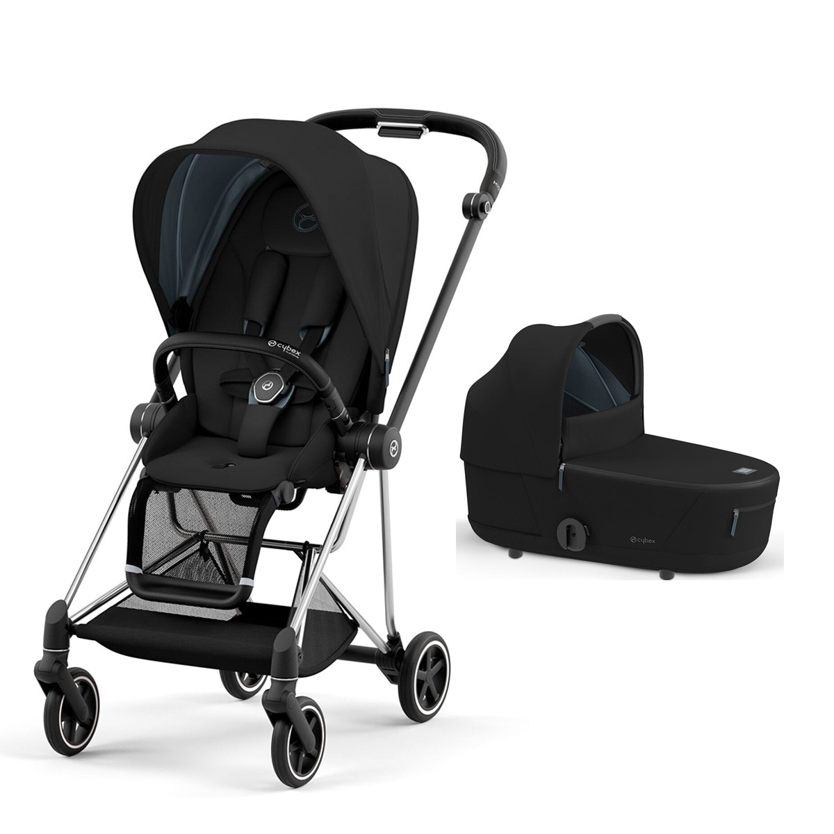 Cybex - Carro De Bebé Duo Mios Con Chasis Chrome Black Negro, Asiento Seat Pack Y Capazo Lux Deep Black/ Black