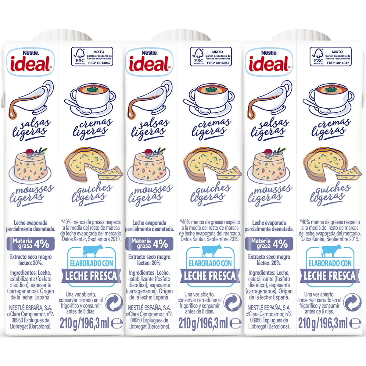 Leche evaporada parcialmente desnatada pack 2 briks 210 g + 1 gratis