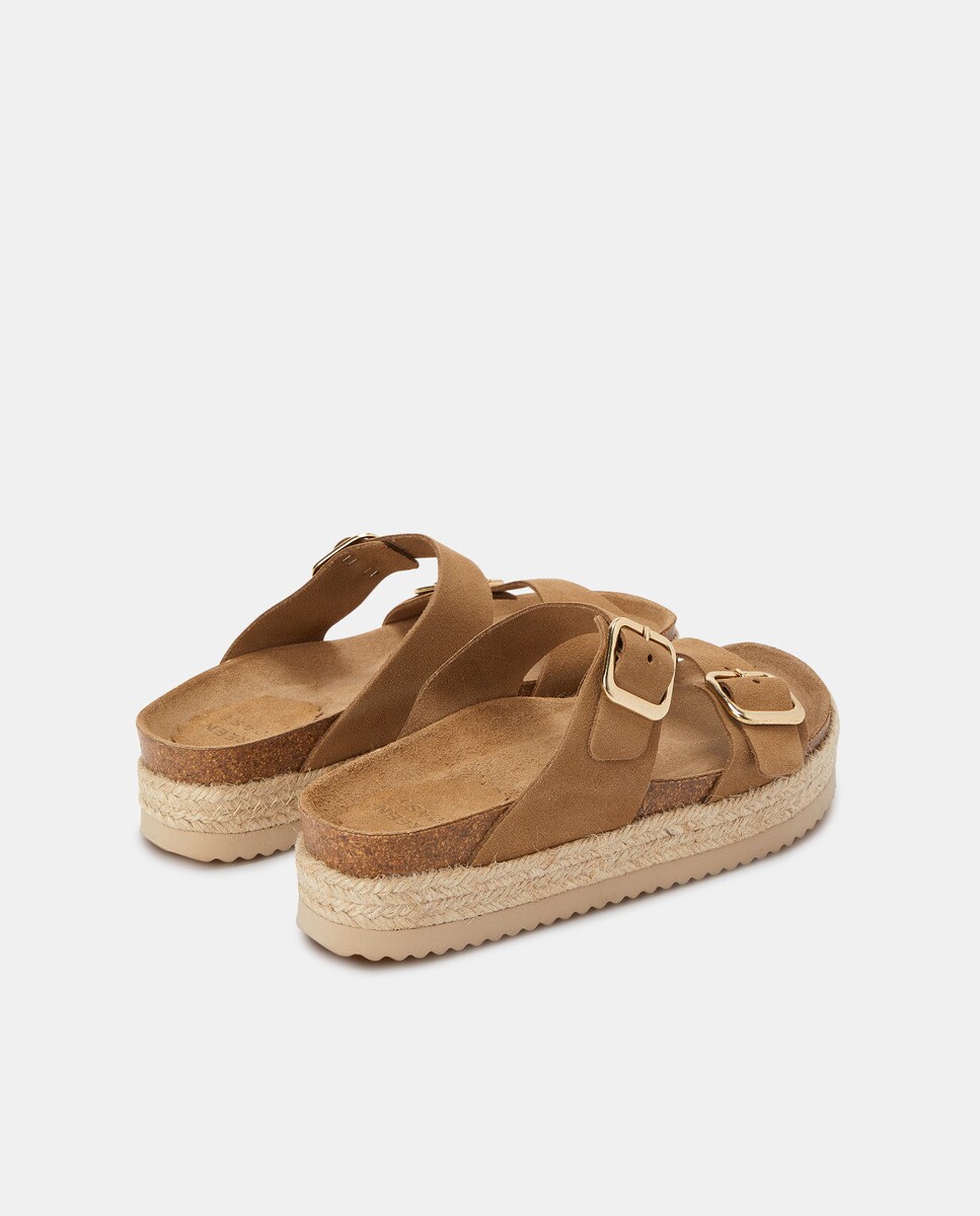 Sandalias de plataforma de mujer en piel serraje con doble Sandalias de plataforma de mujer en piel serraje con doble