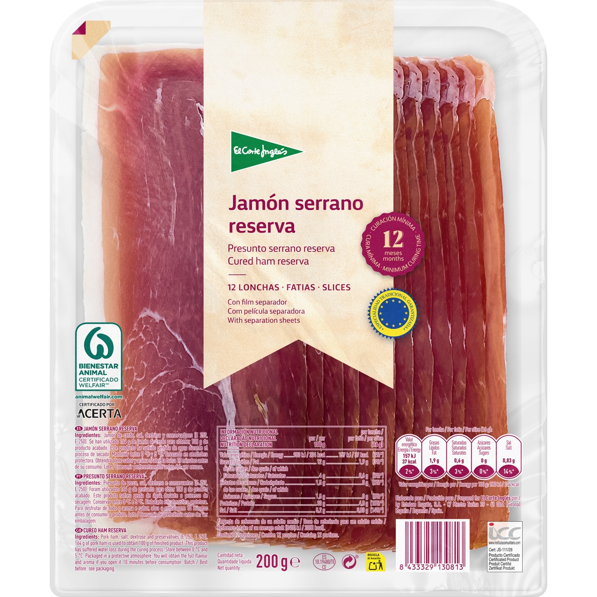 jamón serrano Reserva ETG en lonchas envase 200 g curación mínima 12 meses