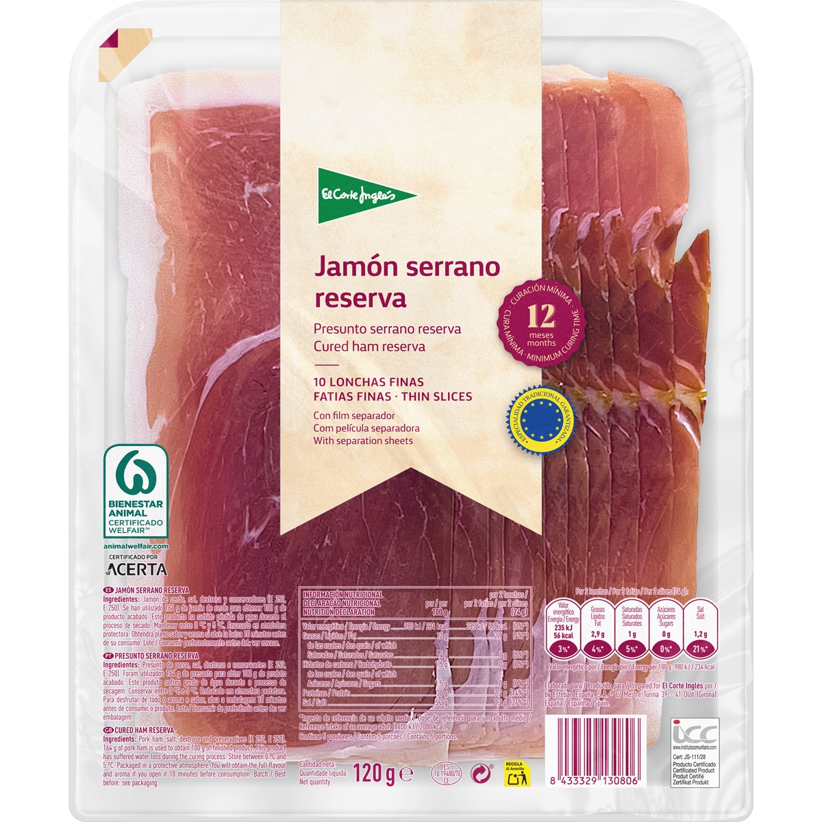 jamón serrano Reserva ETG en lonchas finas envase 120 g curación mínima 12 meses