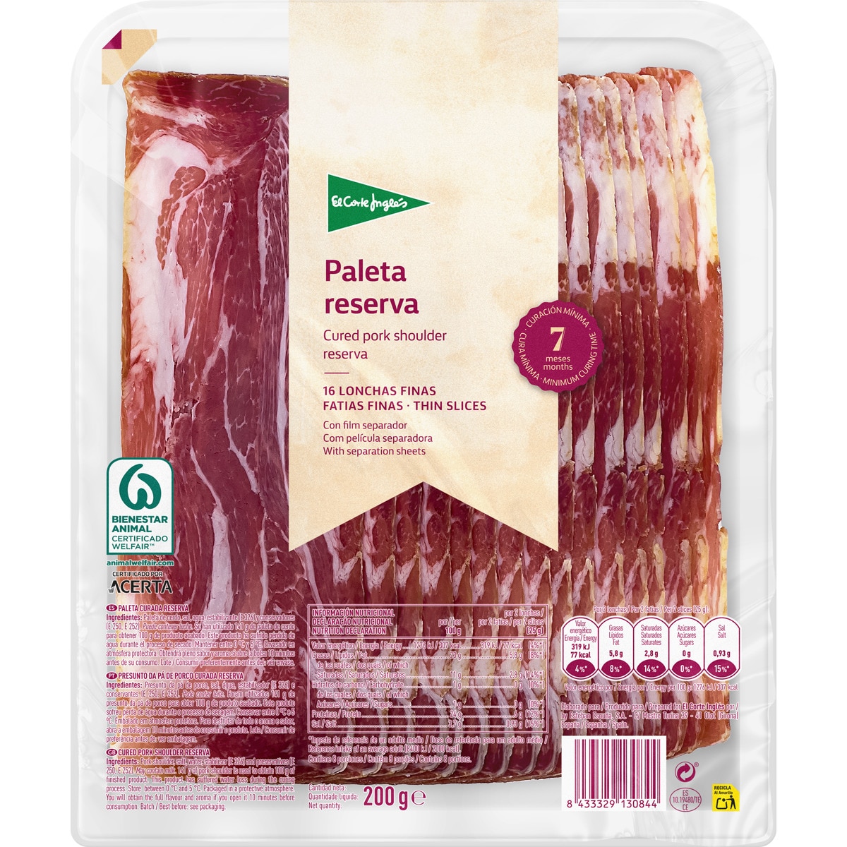 paleta serrana Reserva en lonchas finas envase 200 g curación minima 7 meses