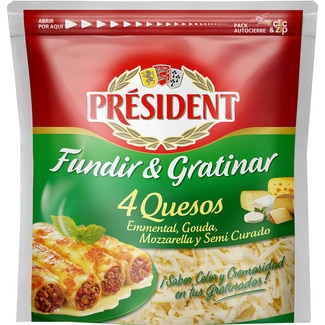 queso francés rallado 4 quesos para fundir y gratinar bolsa 150 g emmental francés, mozzarella francesa, gouda francés y semicurado - President