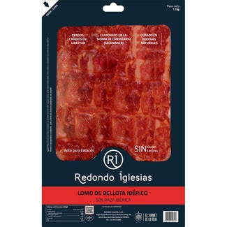 lomo de bellota ibérico 50% raza ibérica en lonchas sin gluten sin lactosa envase 120 g - Redondo Iglesias