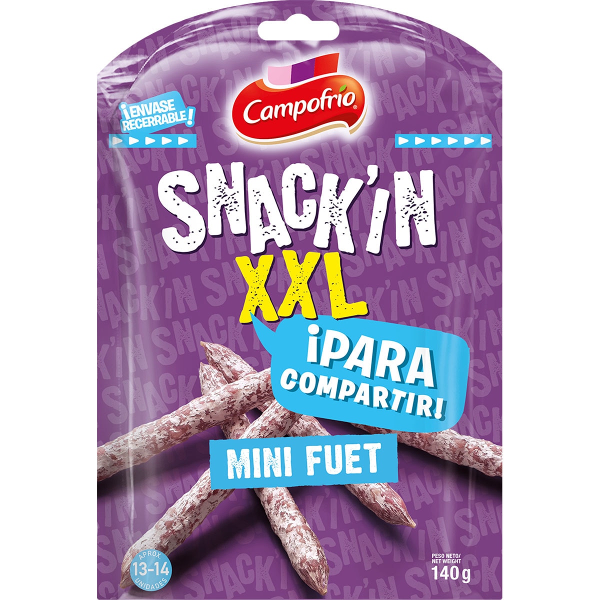 Snack´in XXL mini sticks de fuet para picar sin gluten envase 140 g