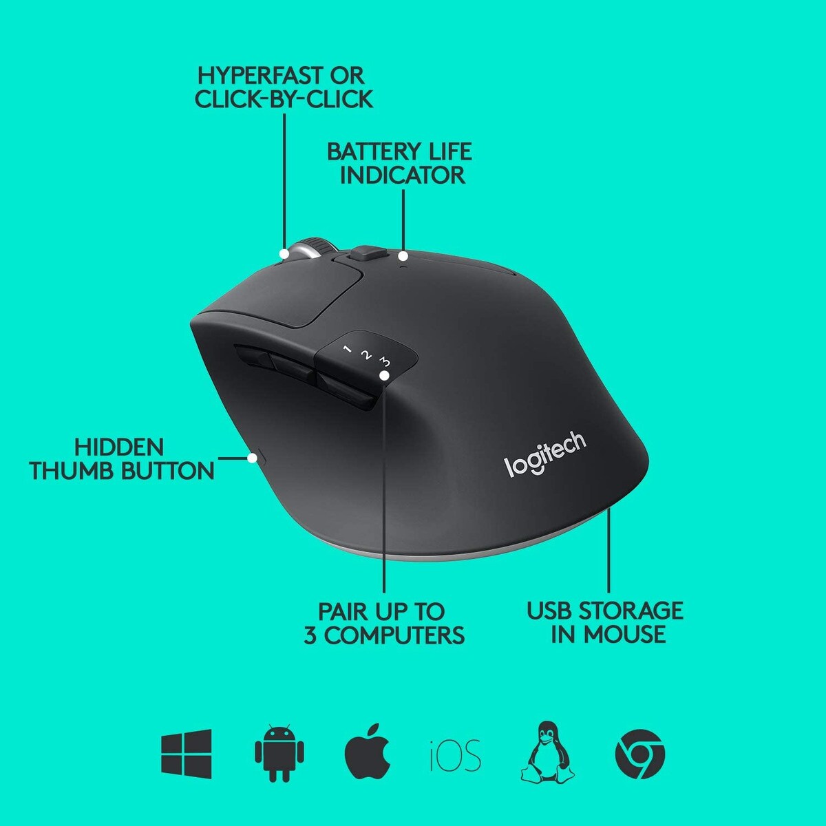 Rato Logitech M720 Triathlon Sem Fios, 1000 dpi - Preto Preto / Cinzento-3