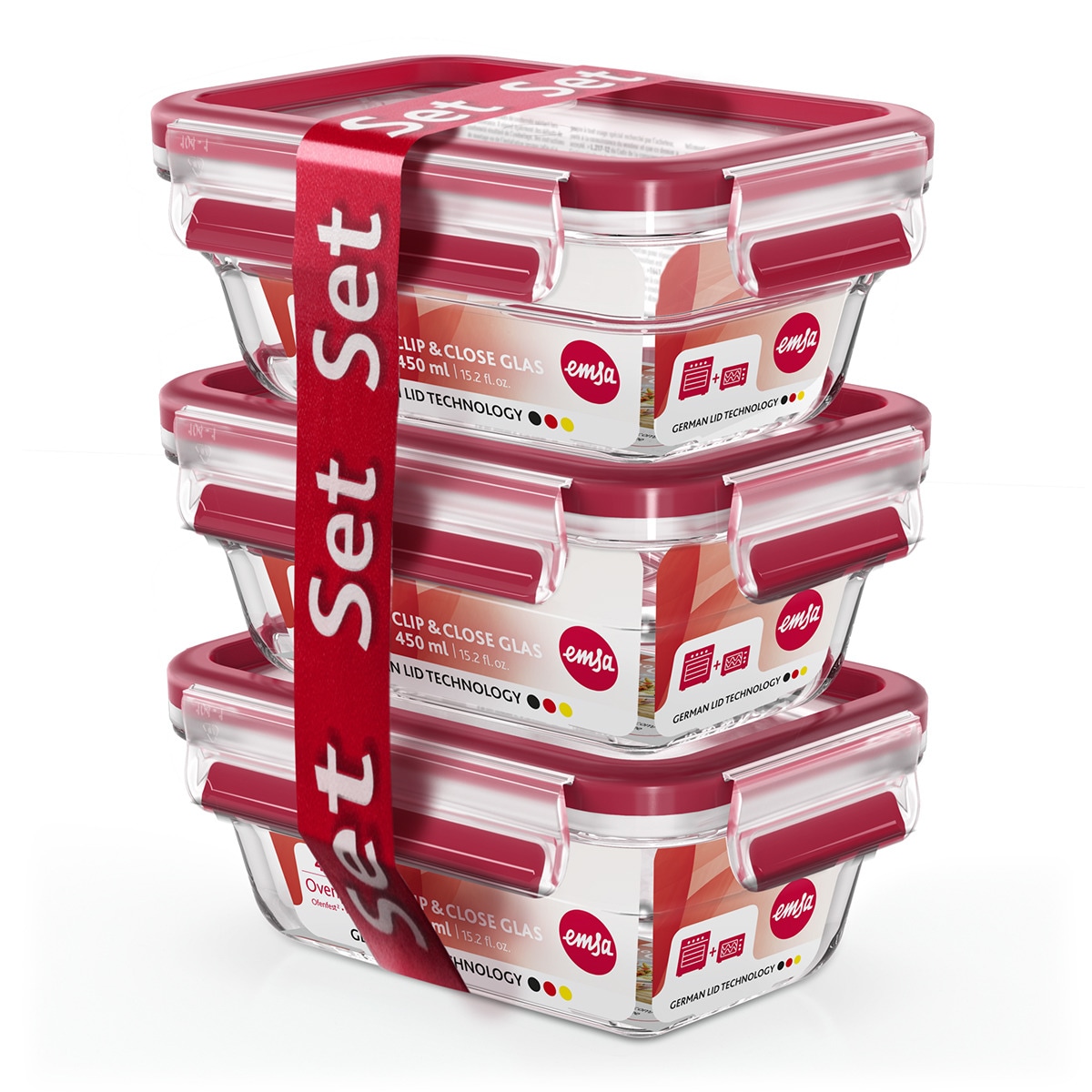 Set de 3 herméticos rectangulares Clip & Close Glass Emsa Transparente-3