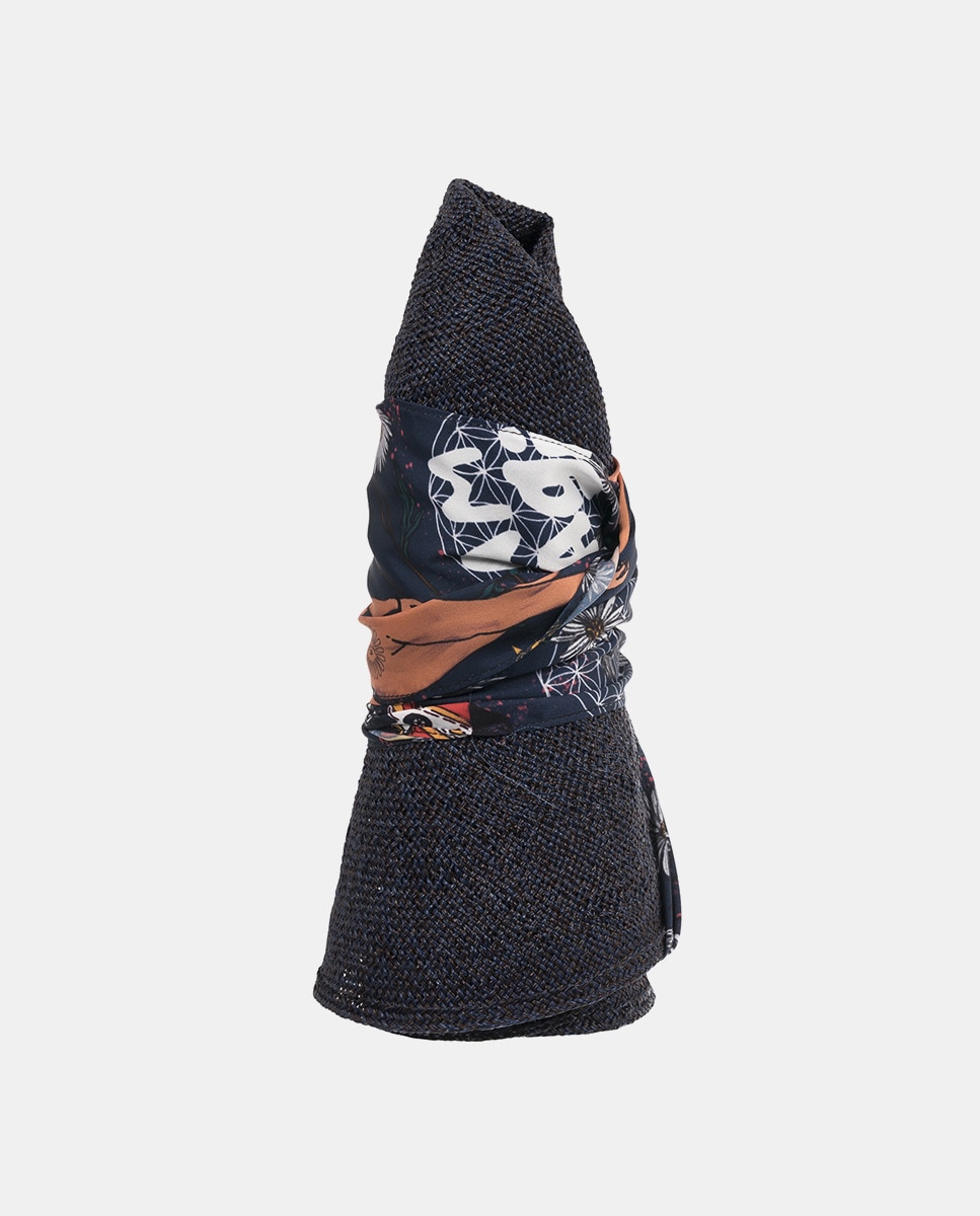 Chapéu Magic de Palha Feito à Mão e Fita Estampada - Azul Marinho Azul-2