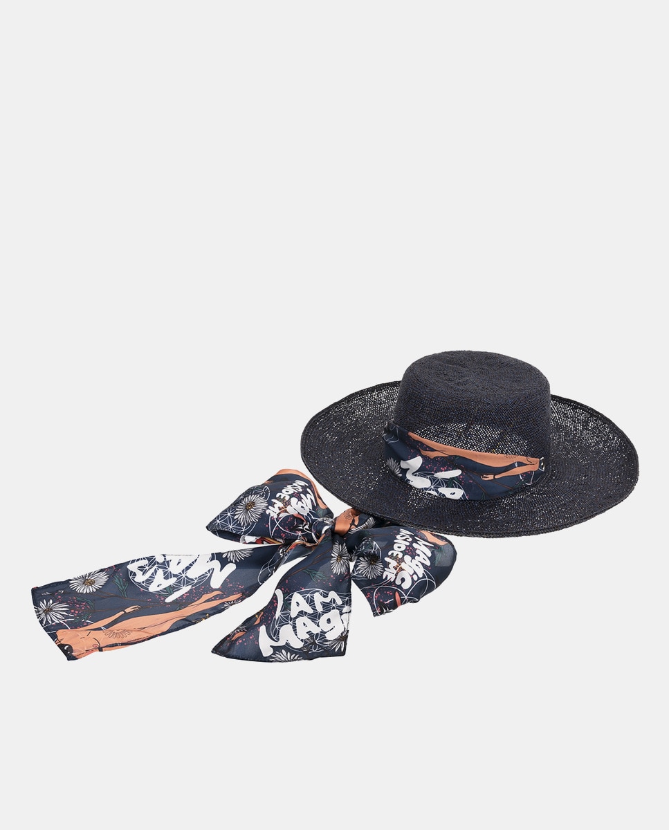 Chapéu Magic de Palha Feito à Mão e Fita Estampada - Azul Marinho Azul-1