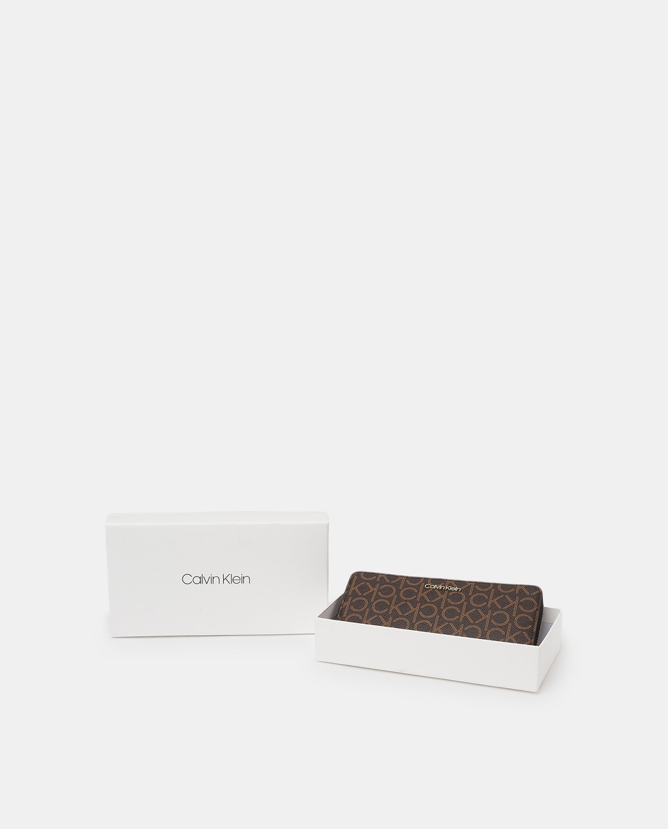 Carteira grande castanha estampada com fecho-éclair Castanho-4
