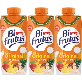 bebida de zumo de frutas Tropical con leche desnatada a partir de concentrado pack 3 briks 330 ml - Pascual Bi Frutas