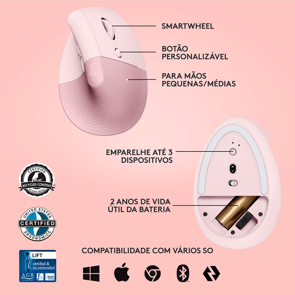 Rato Laser Logitech Lift Vertical Ergonomic Wireless/Bluetooth 4000 DPI - Rosa 6
