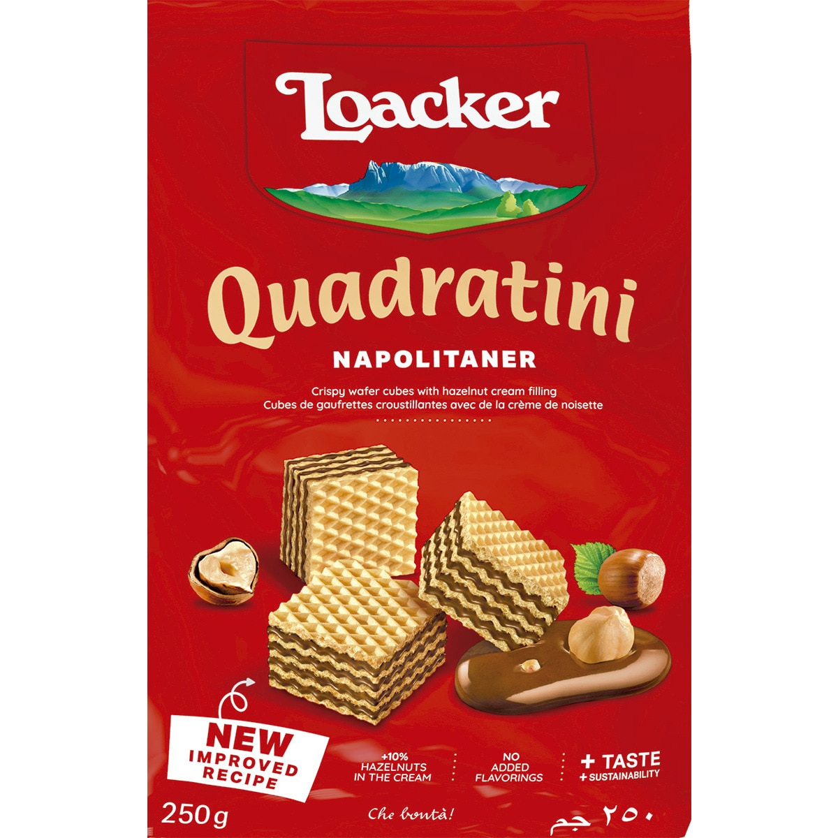 Bolachas Wafer de Avelã Quadratini Napolitaner embalagem 250 g