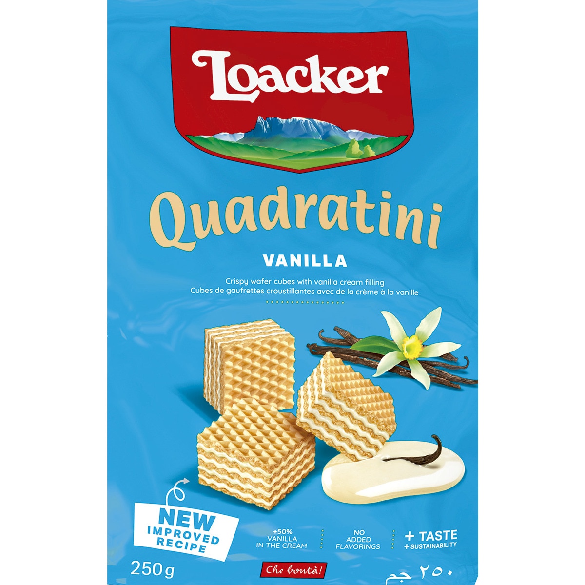 Bolachas Wafer de Baunilha Quadratini embalagem 250 g