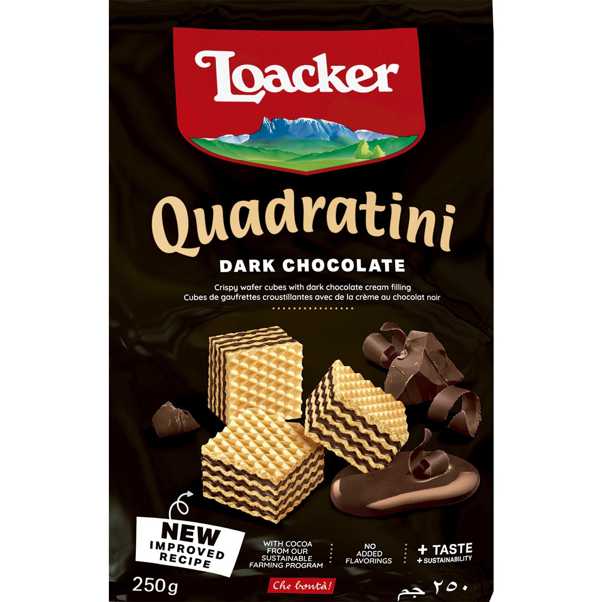 Bolachas Wafer de Chocolate Preto Quadratini embalagem 250 g