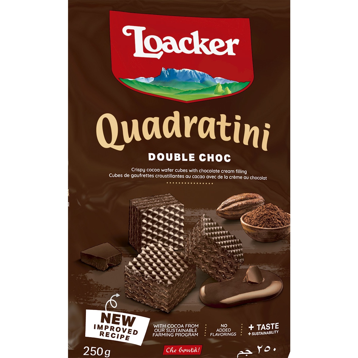 Bolachas Wafer de Chocolate Duplo Quadratini embalagem 118 g