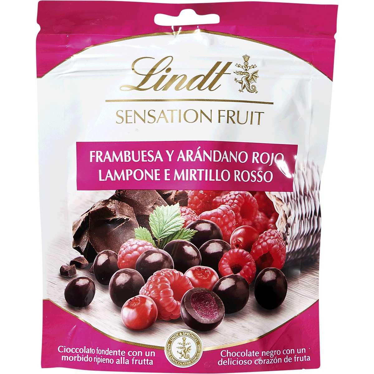 Bombons de Chocolate Preto Recheados com Framboesa e Mirtilo Sensation Fruit embalagem 150 g