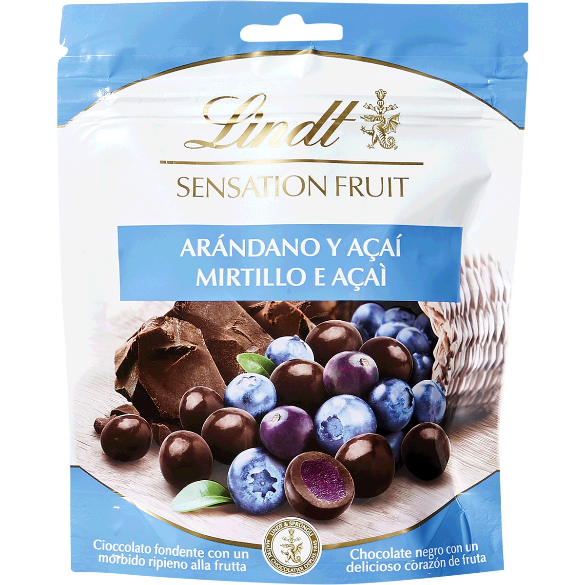 Bombons de Chocolate Preto Recheados com Mirtilo e Açai Sensation Fruit embalagem 150 g