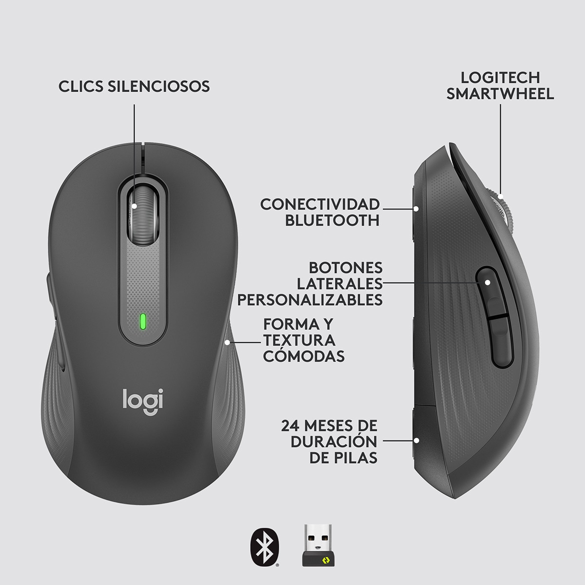 Ratón óptico inalámbrico Logitech Signature M650 Grande Grafito Grafito-7