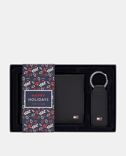 Imagen 0 de Estuche de cartera y llavero de piel en negro