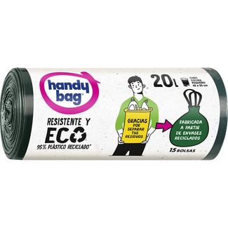 bolsas de basura reciclada resistente y eco 45x50 20 litros para cubo cocina pequeño rollo 15 unidades - Handy Bag