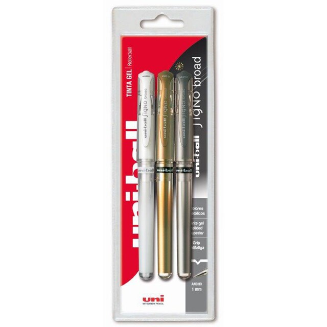 Imagen 0 de Pack 3 Rollerball Signo Broad Uni-Ball Oro, Plata y Blanco