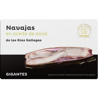 navajas de las Rías Gallegas en aceite de oliva tamaño gigante 3-5 piezas lata 63 g - Club Del Gourmet