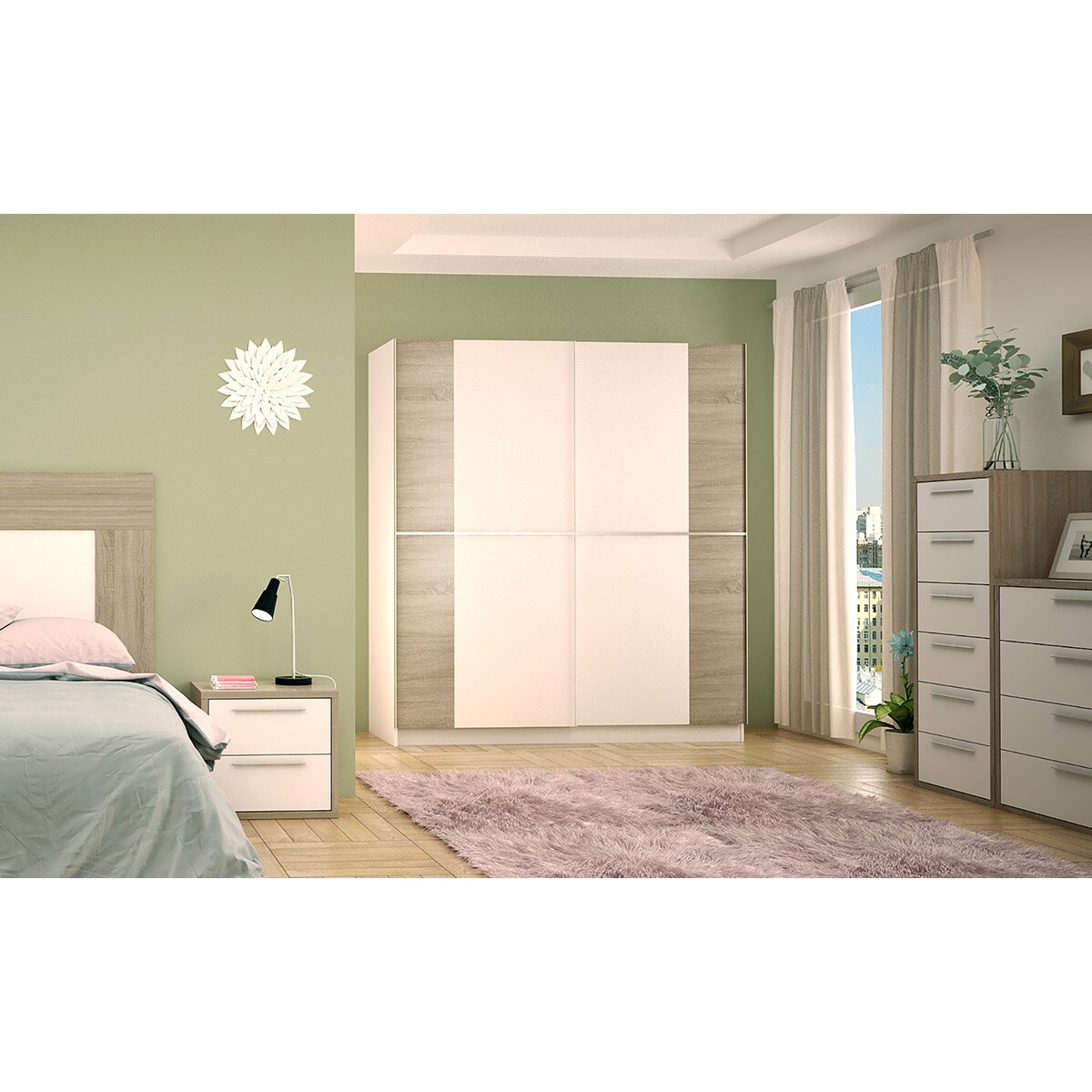 Roupeiro de 2 Portas de Correr Branco / Carvalho-3