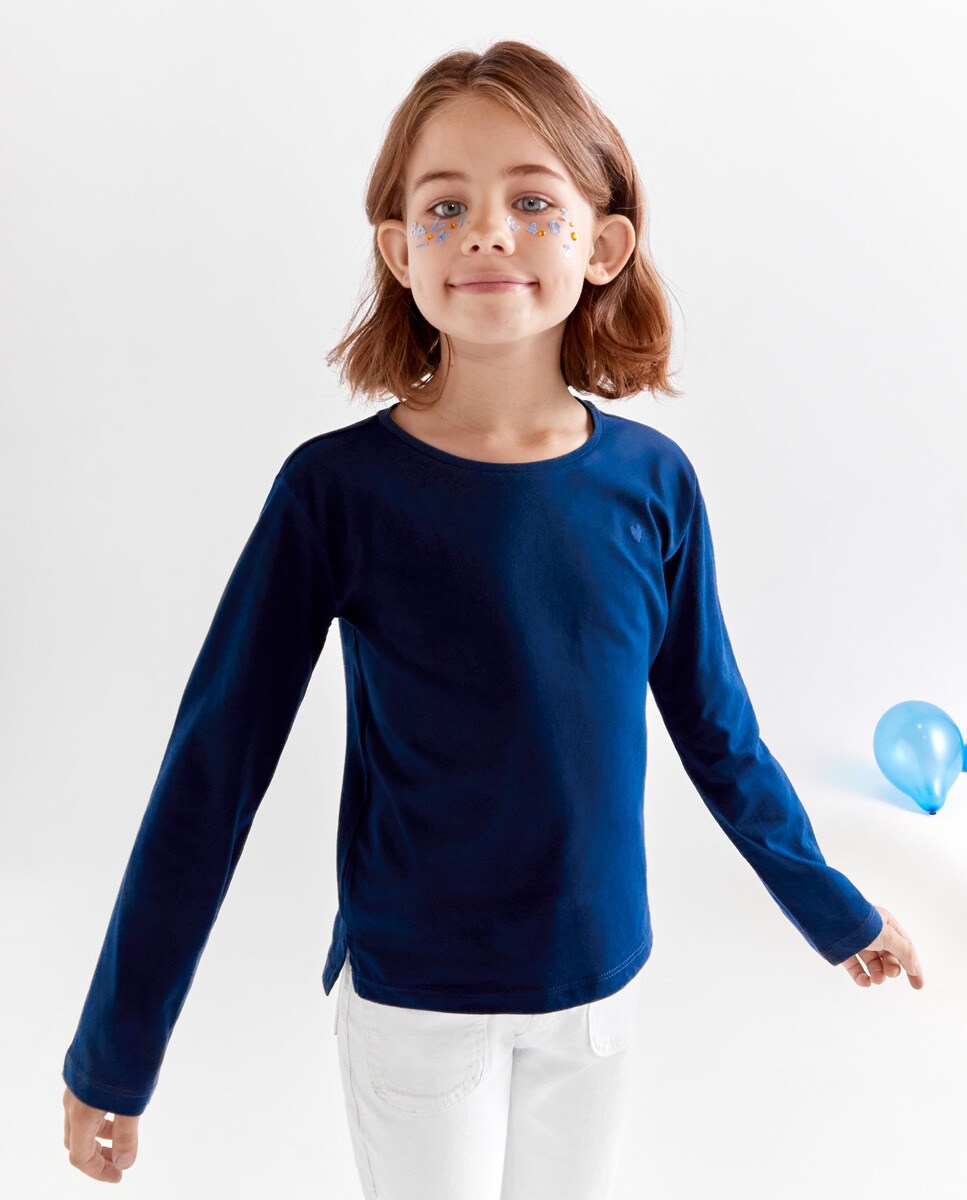 Camisola Lisa com Manga Comprida Azul-marinho-1