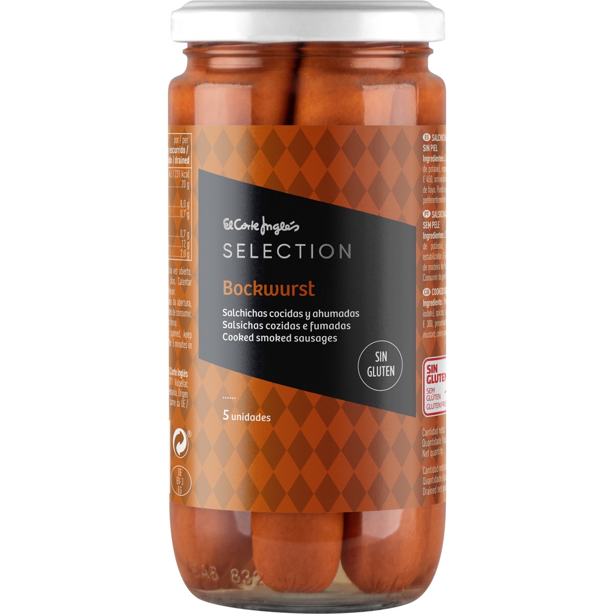 salchichas Bockwurst sin gluten 5 unidades frasco 200 g neto escurrido