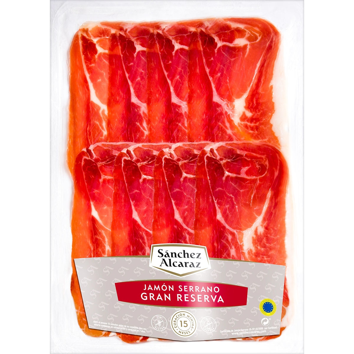 jamón serrano Gran Reserva ETG en lonchas sin gluten sin lactosa envase 120 g curación mínima 15 meses
