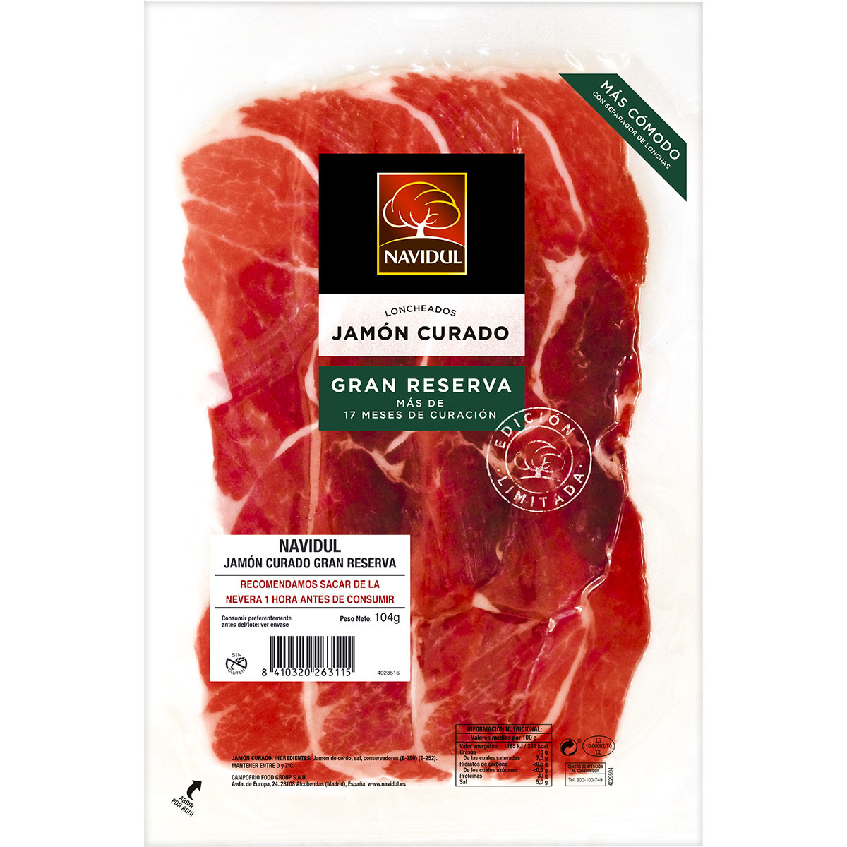jamón curado Gran Reserva en lonchas sin gluten envase 95 g +17 meses de curación