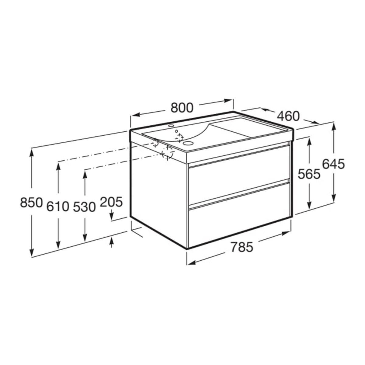 Mueble de baño con 2 cajones y lavabo a la izquierda Ona Roca · Roca