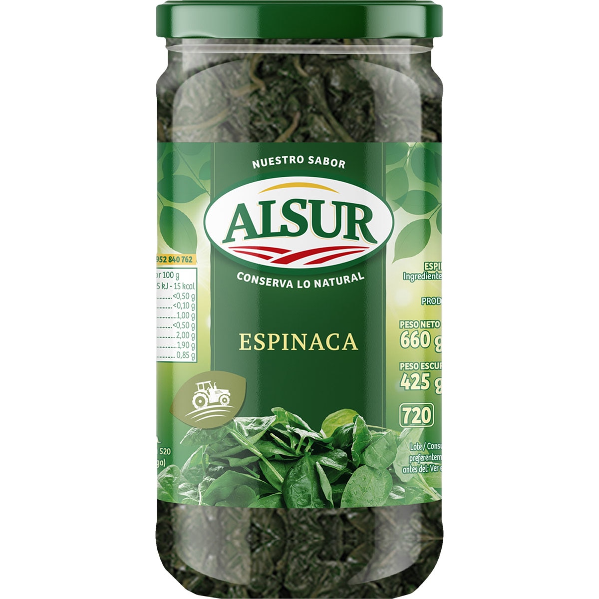 espinacas frasco 425 g neto escurrido