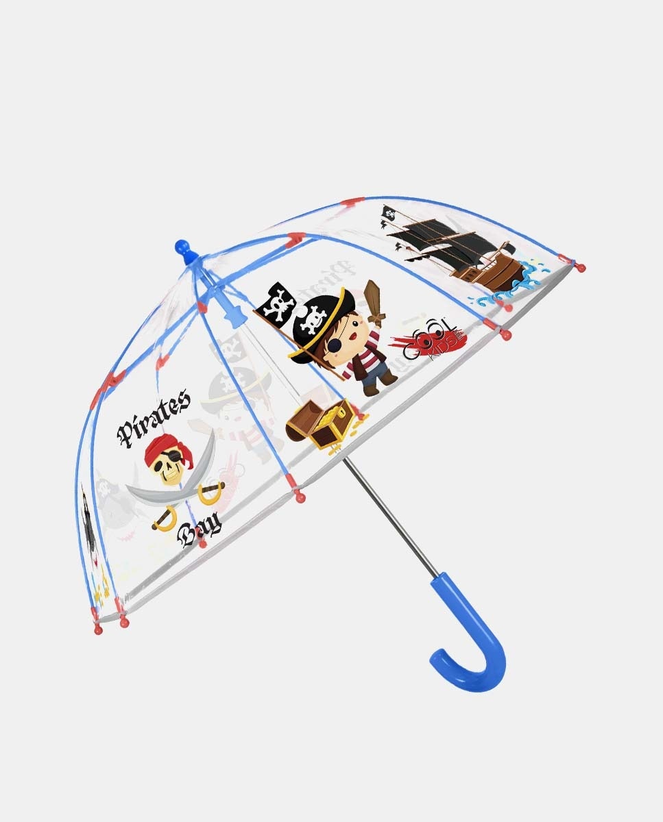 Guarda-Chuva Infantil Comprido com Desenho de Piratas - Transparente Azul-1
