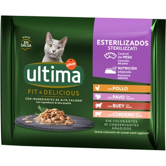 Fit&Delicious comida húmeda en salsa para gatos esterilizados selección carnes 4 envases 85 g - Ultima