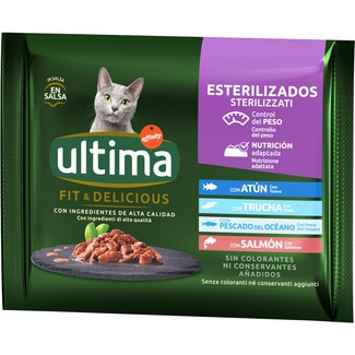 Fit&Delicious comida húmeda en salsa para gatos esterilizados selección pescados 4 envases 85 g - Ultima