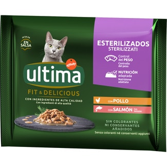 Fit&Delicious comida húmeda en salsa para gatos esterilizados con pollo 2 envases 85 g con salmón 2 envases 85 g - Ultima
