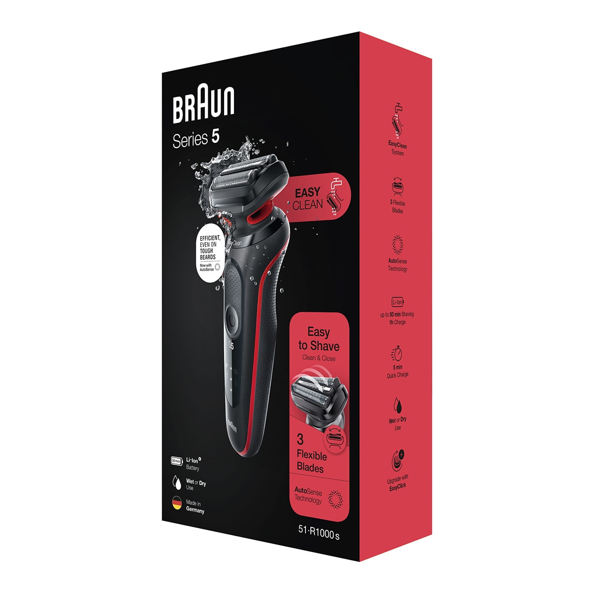 Afeitadora eléctrica Braun Series 5 51-R1000s, EasyClean, uso en seco y en mojado Negro / Rojo-9