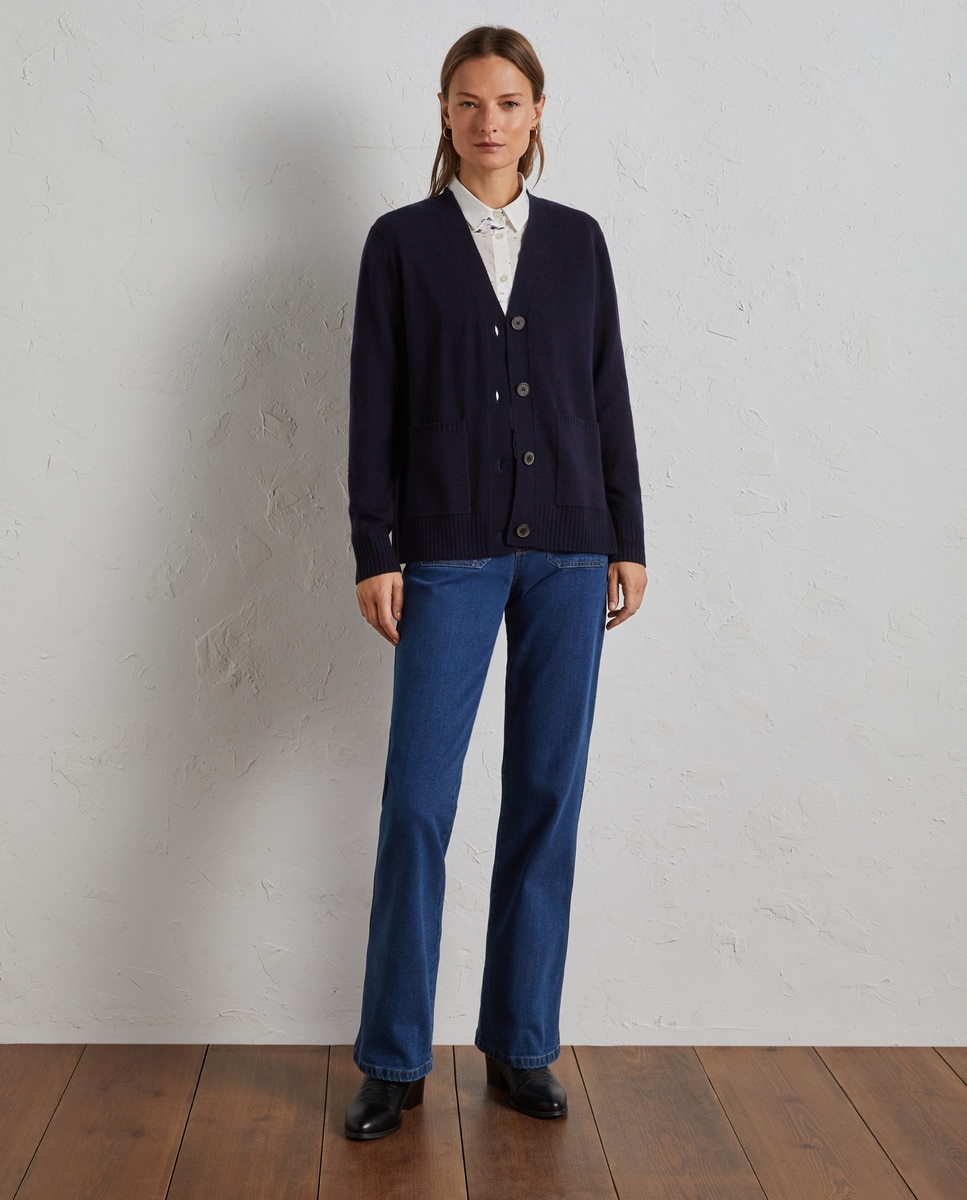 Casaco de Decote em Bico com Botões Azul-marinho-2