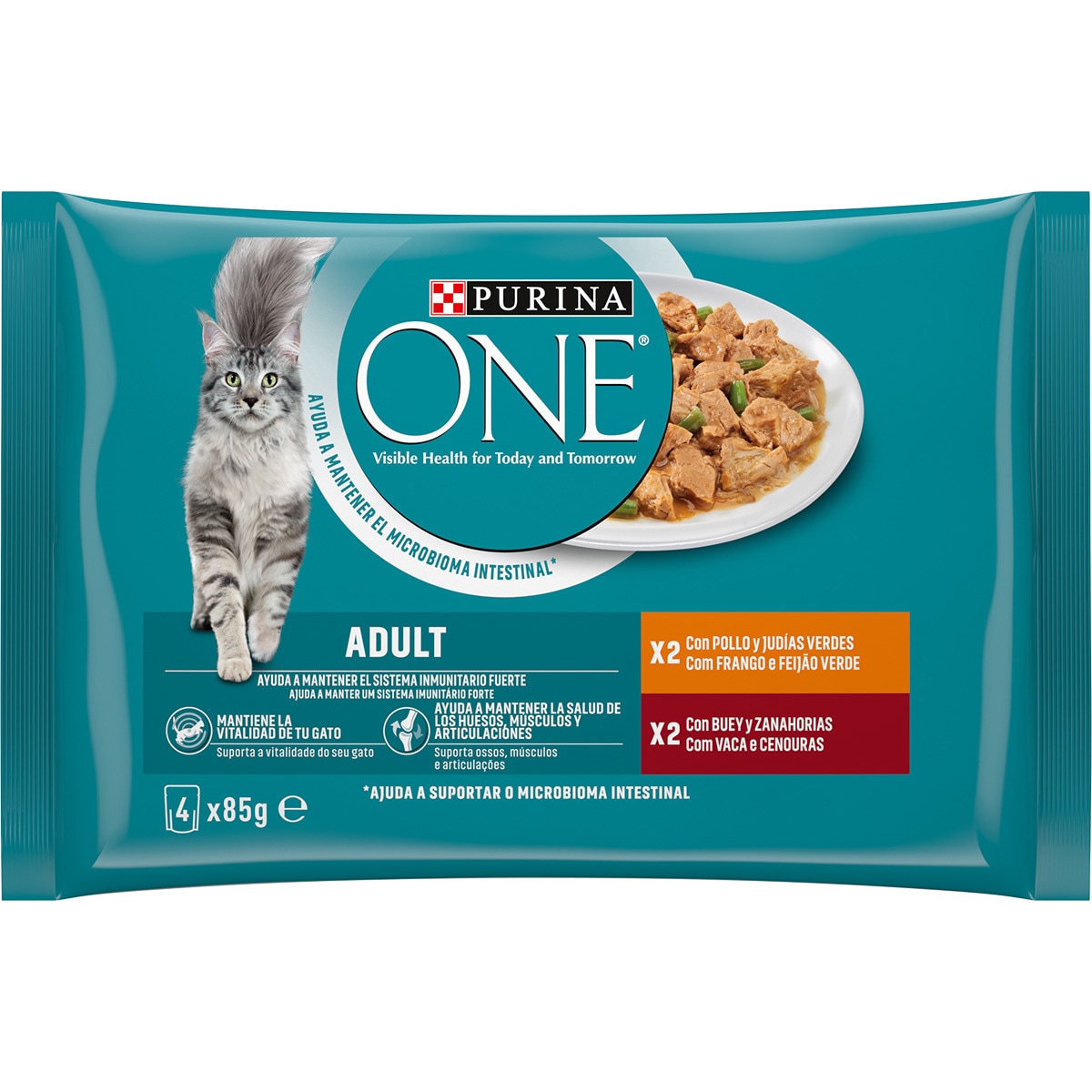 Comida Húmida para Gato Adulto Frango e Vaca Pack 4 unidades 4x85g embalagem