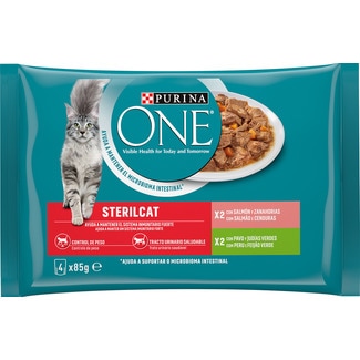 Comida Húmida para Gato Esterilizado Salmão e Peru Pack 4 unidades 4x85g embalagem 340 g - Purina One