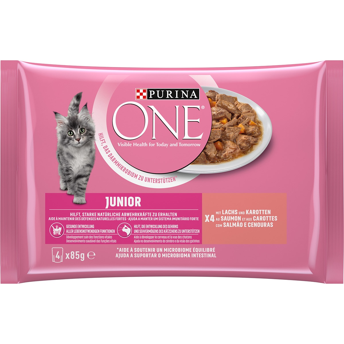 Comida Húmida para Gato Junior de Salmão Pack 4 unidades 4x85g embalagem 340 g
