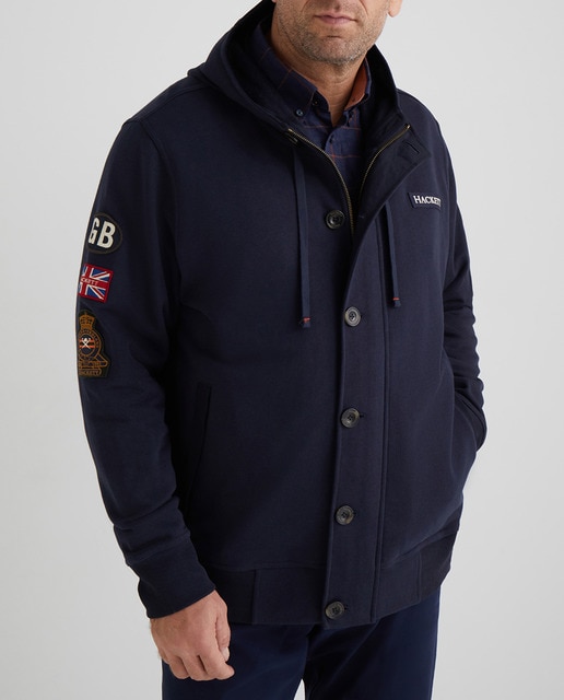 Imagen 0 de Chaqueta deportiva de hombre azul marino con parches y capucha tallas grandes