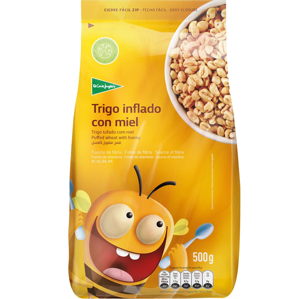 cereales de desayuno de trigo inflado con miel paquete 500 g