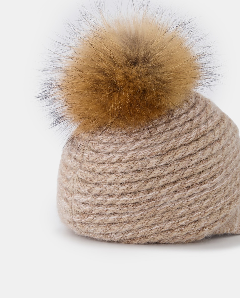 Boné de malha bege com pompom de pêlo Bege-2